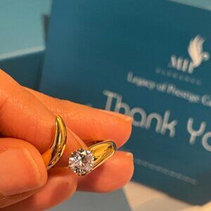 14K Gold Plated Curve Ring | Elegant Textured Cuff | Rhinestone Accent